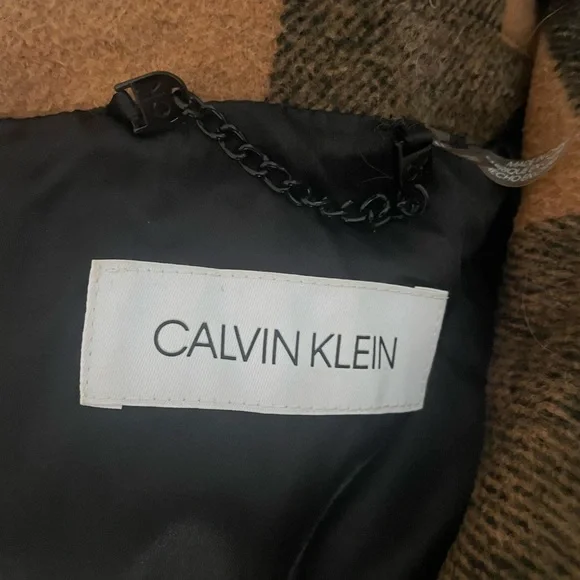 Calvin Klein brown and black checkered coat missing belt